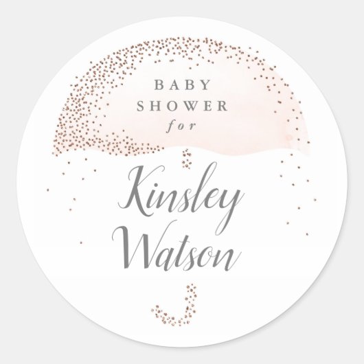 Glitter blush roze waterverf paraplu baby shower ronde sticker (Voorkant)