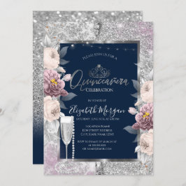 Glitter, Boho Bloemen, Glas Parels Blauw Quinceane Kaart