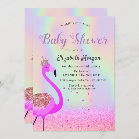 Glitter Bokeh, Flamingo, Holografisch Baby shower Kaart (Voorkant / Achterkant)