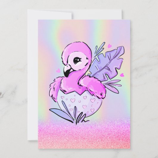Glitter Bokeh, Flamingo, Holografisch Baby shower Kaart (Achterkant)
