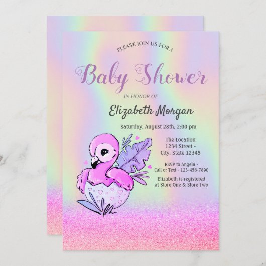 Glitter Bokeh, Flamingo, Holografisch Baby shower  Kaart (Voorkant / Achterkant)