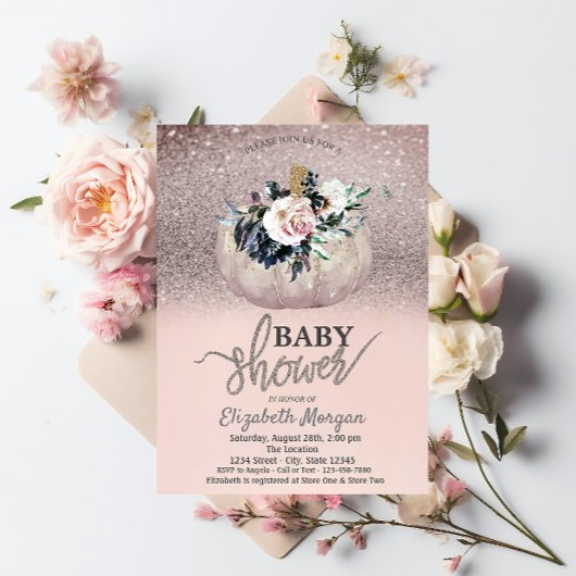 Glitter Bokeh, Floral Pumpkin Baby shower Kaart