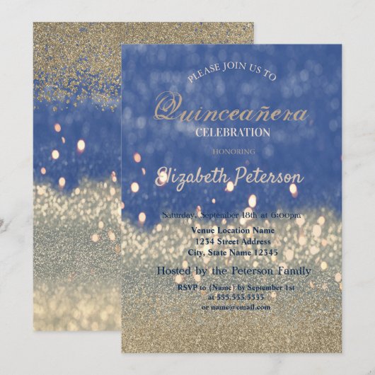 Glitter Bokeh Gold Diamonds Quinceañera Kaart (Voorkant / Achterkant)
