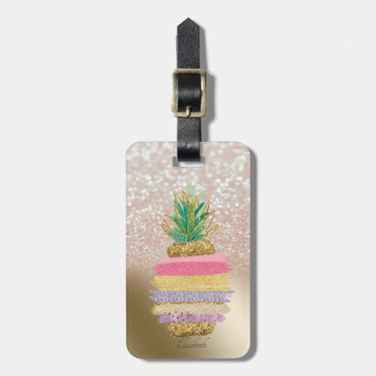 Glitter Bokeh Ombre, stripte ananas Bagagelabel (Voorkant verticaal)