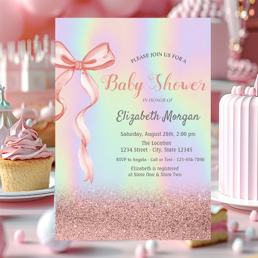 Glitter Bokeh, Roze Bow Holografisch Baby shower Kaart