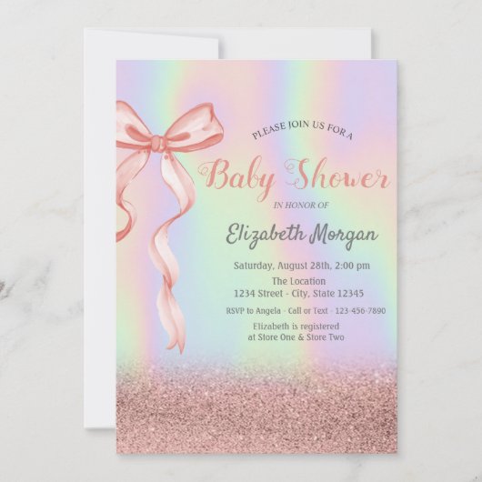 Glitter Bokeh, Roze Bow Holografisch Baby shower Kaart (Voorkant)