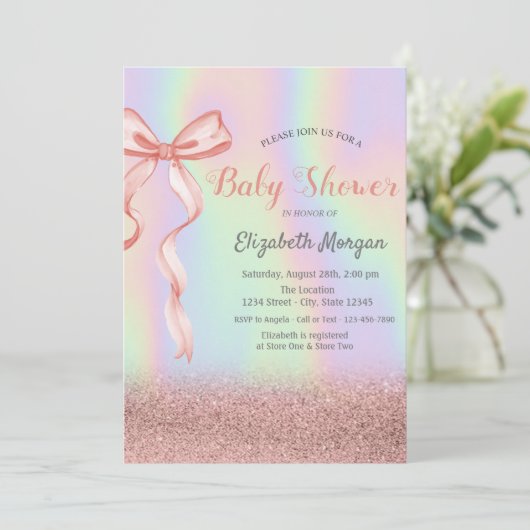 Glitter Bokeh, Roze Bow Holografisch Baby shower Kaart (Staand voorkant)