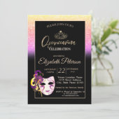 Glitter Bokeh, Tiara, Masquerade Quinceañera Kaart (Staand voorkant)