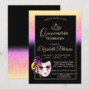 Glitter Bokeh, Tiara, Masquerade Quinceañera Kaart