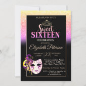 Glitter Bokeh, Tiara, Masquerade Sweet 16 Party Kaart (Voorkant)