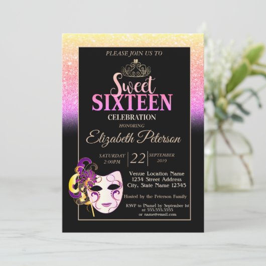 Glitter Bokeh, Tiara, Masquerade Sweet 16 Party Kaart (Staand voorkant)