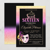 Glitter Bokeh, Tiara, Masquerade Sweet 16 Party Kaart (Voorkant / Achterkant)
