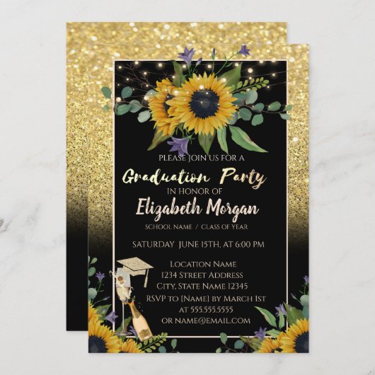 Glitter Bokeh, Wijn, Glass, Zonnebloemen Kaart (Voorkant / Achterkant)