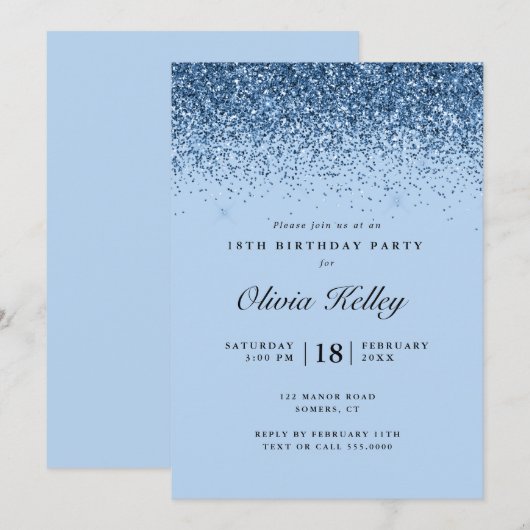 Glitter Border Birthday, Blue Invitation Kaart (Voorkant / Achterkant)