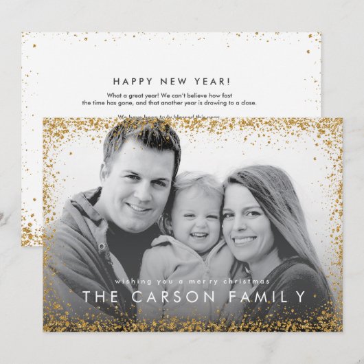 Glitter Border Kerstcard in Faux Gold Glitter Feestdagenkaart (Voorkant / Achterkant)