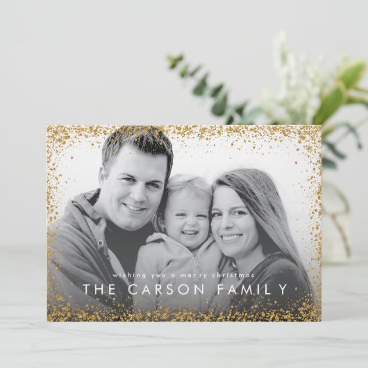 Glitter Border Kerstcard in Faux Gold Glitter Feestdagenkaart (Staand voorkant)