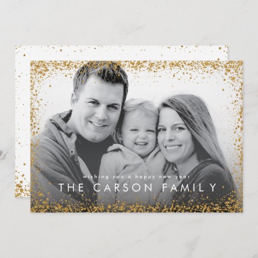 Glitter Border Nieuwjaar Groet Faux Gold Glitter Feestdagenkaart (Voorkant / Achterkant)