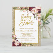 Glitter Bourgogne Roze Bloemen Baby shower Uitnodi Kaart (Staand voorkant)