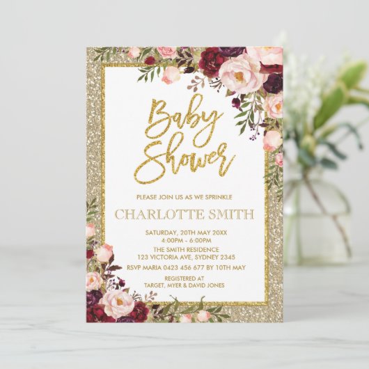 Glitter Bourgogne Roze Bloemen Baby shower Uitnodi Kaart (Staand voorkant)