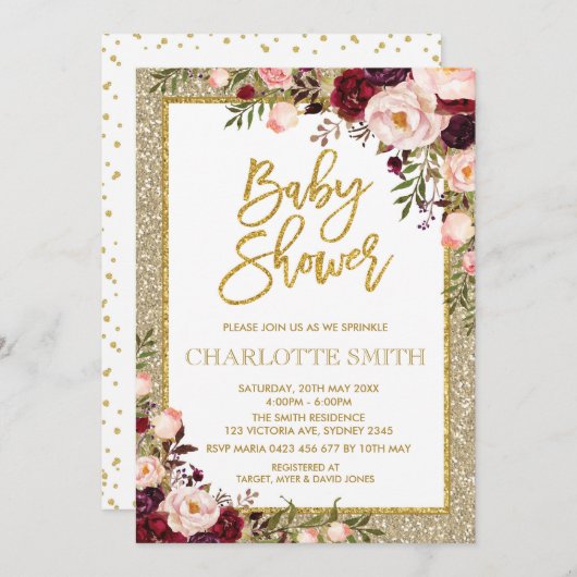 Glitter Bourgogne Roze Bloemen Baby shower Uitnodi Kaart (Voorkant / Achterkant)