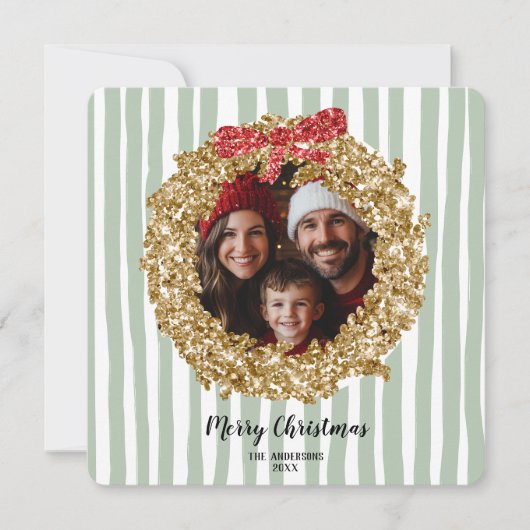 Glitter Bow Merry Christmas Wreath Familie Foto Kaart (Voorkant)