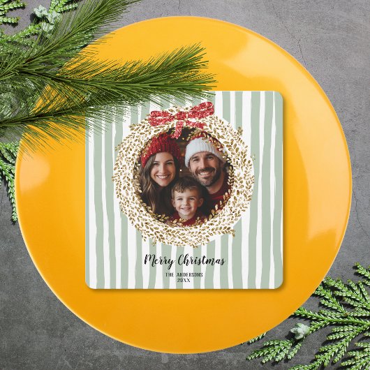 Glitter Bow Merry Christmas Wreath Familie Foto Kaart