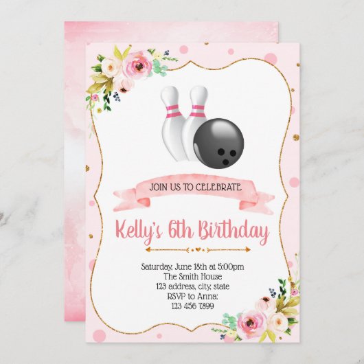 Glitter bowling party-uitnodiging kaart (Voorkant / Achterkant)