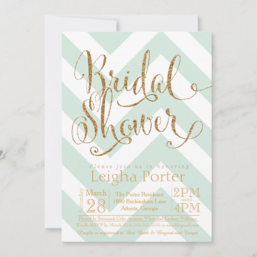 Glitter Bridal Shower Invitation Mint Gold Chevron Kaart (Voorkant)