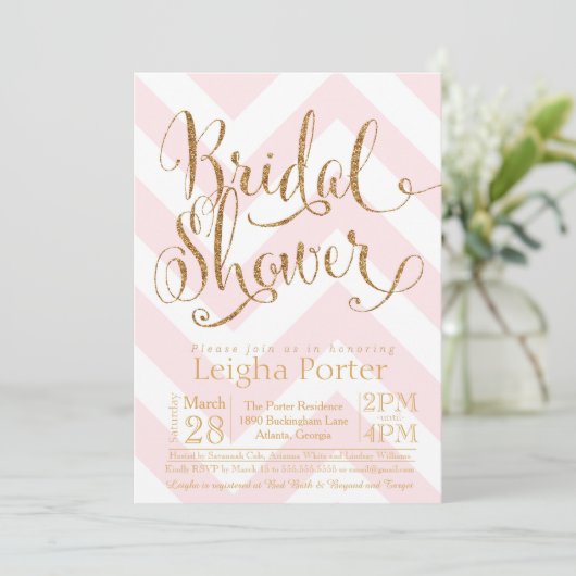 Glitter Bridal Shower Invitation Pink Gold Chevron Kaart (Staand voorkant)