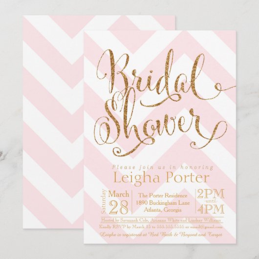 Glitter Bridal Shower Invitation Pink Gold Chevron Kaart (Voorkant / Achterkant)