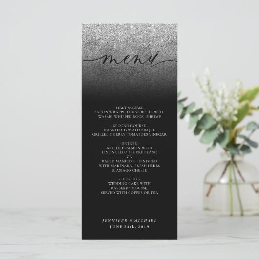 Glitter bruiloft ceremonie diner menu (Staand voorkant)