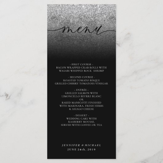 Glitter bruiloft ceremonie diner menu (Voorkant)
