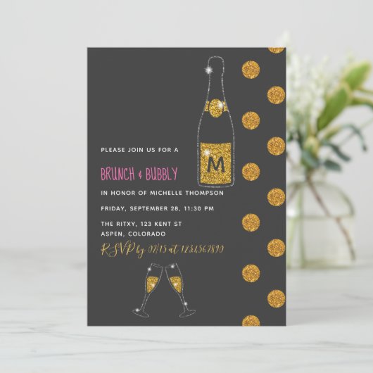 Glitter Brunch en Bubble Bridal Shower Invitation Kaart (Staand voorkant)