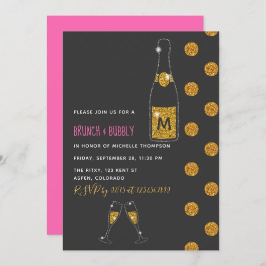 Glitter Brunch en Bubble Bridal Shower Invitation Kaart (Voorkant / Achterkant)