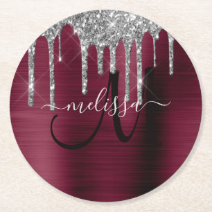 Glitter Brush Metal Name Girly Burgundy Driving Ronde Kartonnen Onderzetter