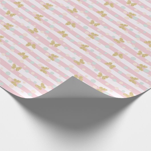 Glitter Butterflies roze Stripes Girly Cadeaupapier (Hoek)