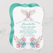 Glitter Butterfly Blauwgroen & Roze Bloemen Verjaa Kaart (Voorkant / Achterkant)