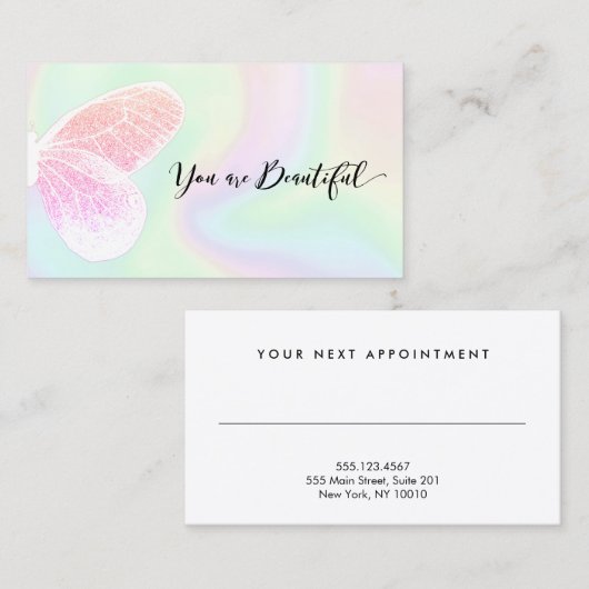 Glitter Butterfly Holographic Salon Appointment Afsprakenkaartje (Voorkant / Achterkant)