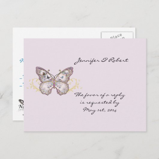 Glitter Butterfly op Lavendel RSVP Briefkaart (Voorkant / Achterkant)
