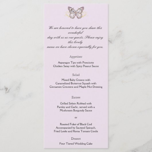 Glitter Butterfly op Lavendel Wedding Menu (Voorkant)