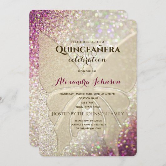 Glitter Butterfly Quinceañera Kaart (Voorkant / Achterkant)