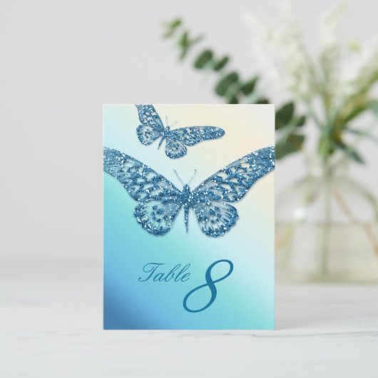 Glitter Butterfly Table Nummer Briefkaart Blauw (Staand voorkant)