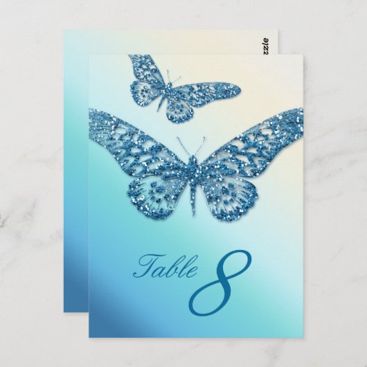 Glitter Butterfly Table Nummer Briefkaart Blauw (Voorkant / Achterkant)