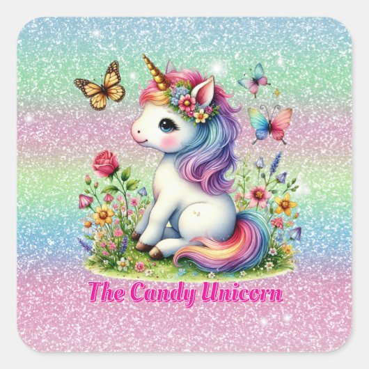 Glitter candy unicorn meadow wildflowers vierkante sticker (Voorkant)