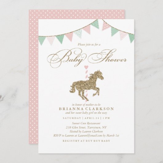Glitter Carousel Horse | Uitnodiging tot Baby show (Voorkant / Achterkant)