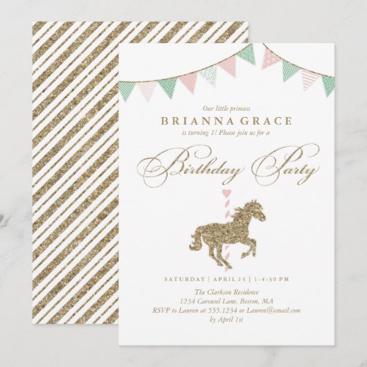Glitter Carousel Horse | Uitnodiging van de partij (Voorkant / Achterkant)