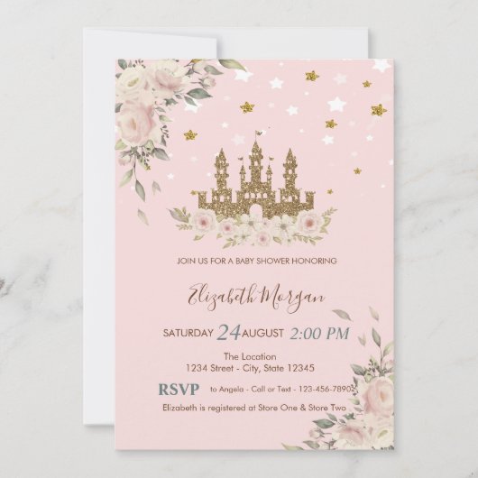 Glitter Castle, Flowers, Stars Baby shower Kaart (Voorkant)