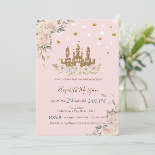 Glitter Castle, Flowers, Stars Baby shower Kaart (Staand voorkant)
