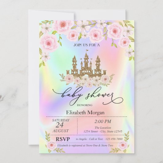 Glitter Castle Rozen Holografisch Baby shower Kaart (Voorkant)