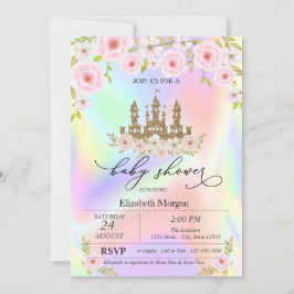 Glitter Castle Rozen Holografisch Baby shower Kaart
